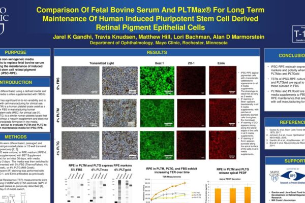 ISSCR 2018 - Comparison Of Fetal Bovine Serum And PLTMax® For Long Term Maintenance Of Human Induced Pluripotent Stem Cell Derived  Retinal Pigment Epithelial Cells 